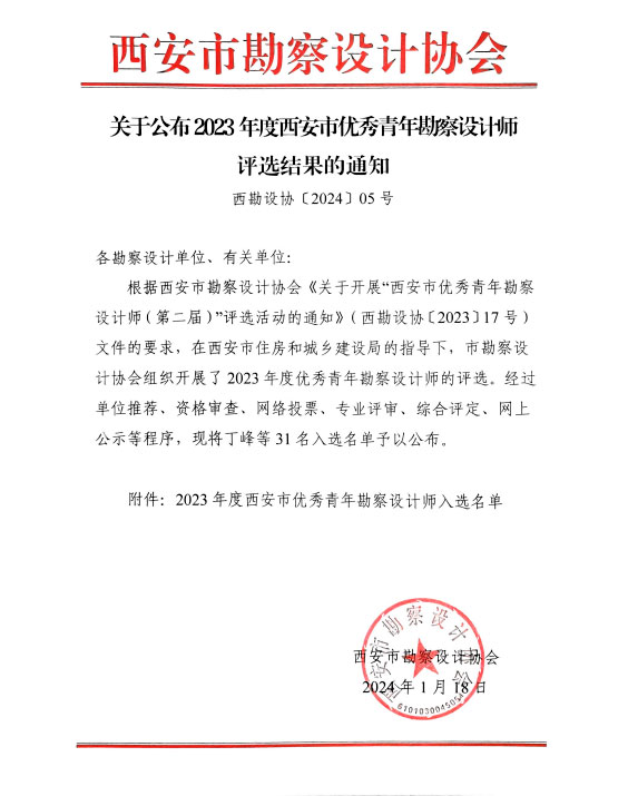 梁迪同志榮膺“西安市 優秀青年勘察設計師”稱號